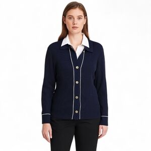 Cable & Gauge Navy Nautical Acadamia Office Preppy Knit Cardigan - Women's 1X